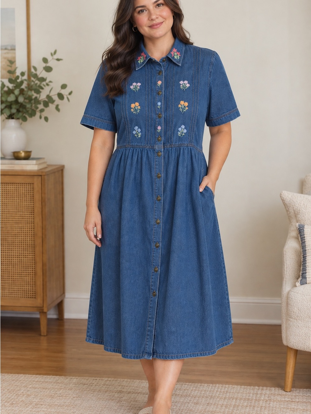 Vintage Denim Button-Front Midi Dress with Floral Embroidery